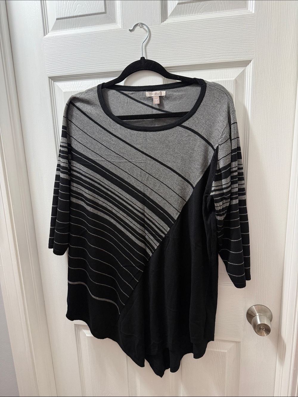 Roz & Ali Black and Gray Striped Asymmetric Long Sleeve Top